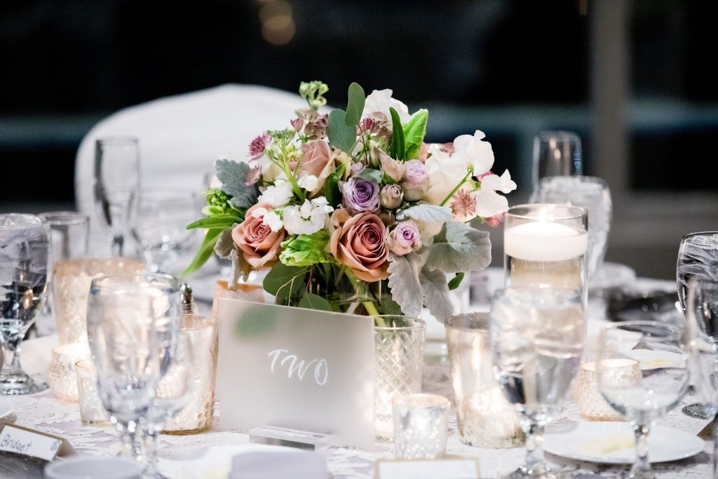 elegant winter gala wedding reception guest table low centerpiece