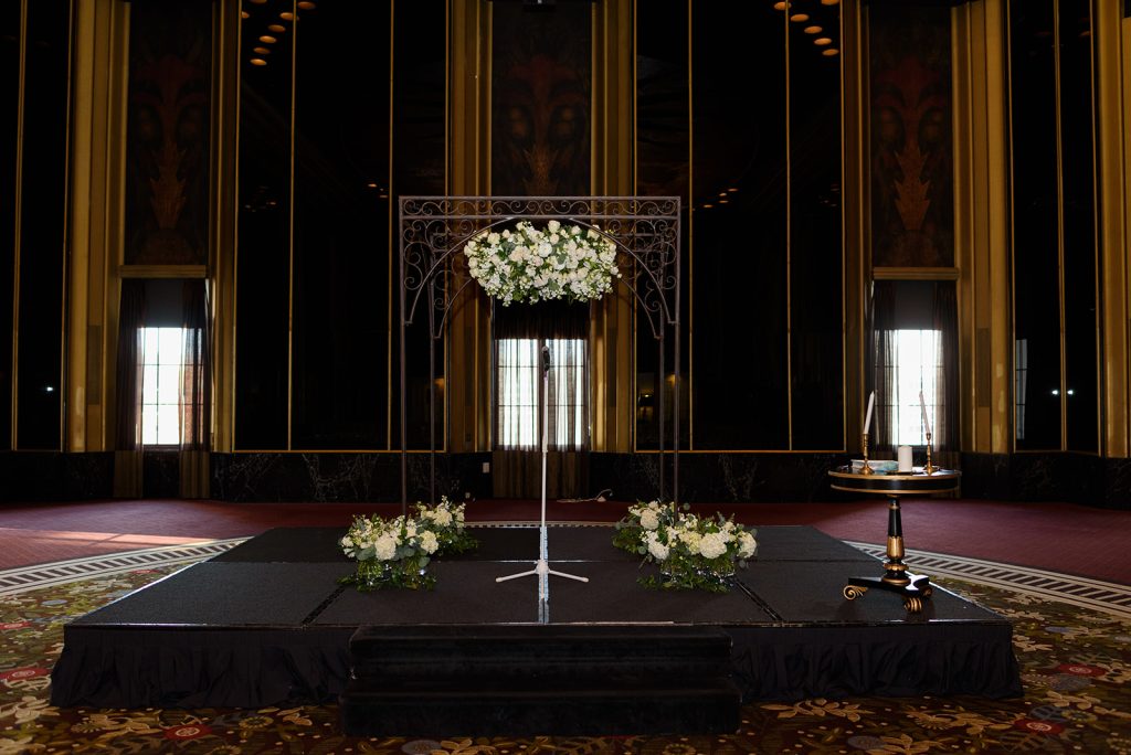 Omni William Penn Urban Room Pittsburgh wedding ceremony structure with custom floral chandelier