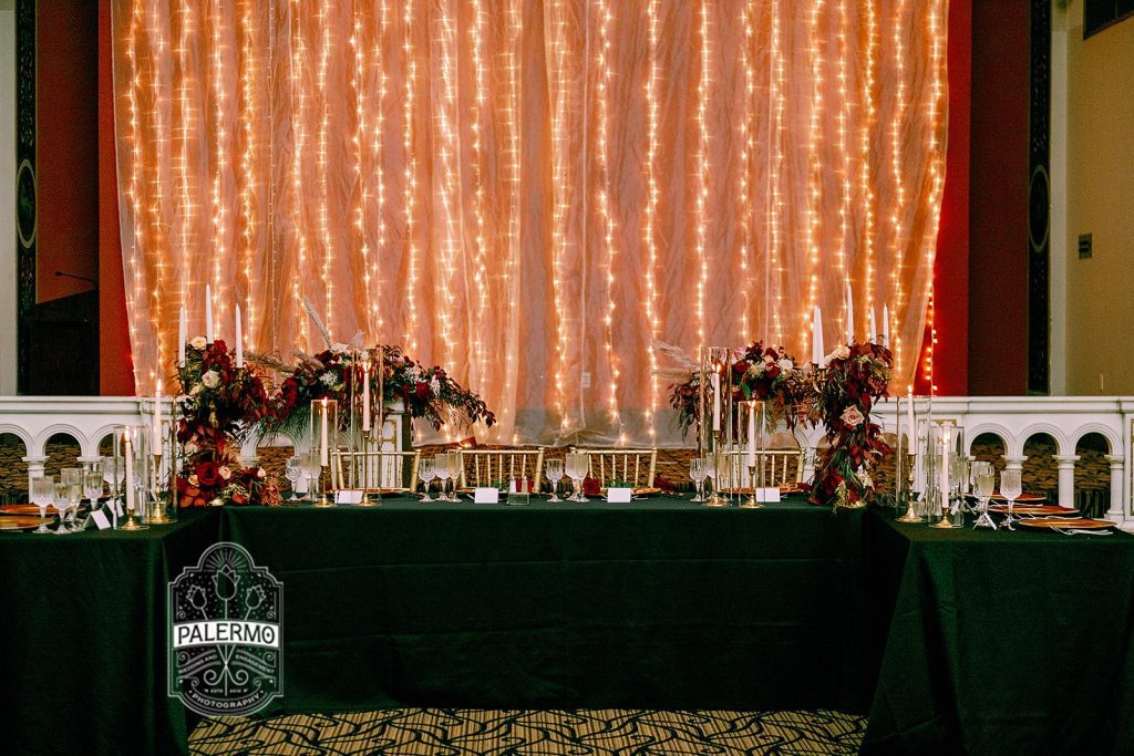 vintage fall romance wedding reception head table